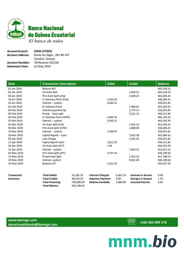 Szablon wyciągu bankowego z Gwinei Równikowej Ccei, format Word i PDF
